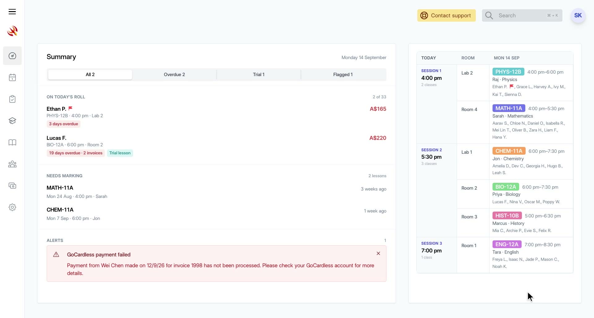 PhoenixLMS being used: opening a class, marking the roll, and the student's invoice updating to match